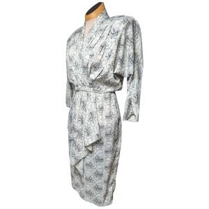 Vtg 1980s Positive Influence White Black Pointillist Floral Drape Midi Dress 7 8